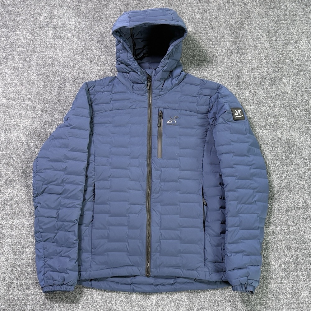 Revolution Race RVRC Down Puffer Jacket Mens Medium Blue Full Zip Hooded Quilted